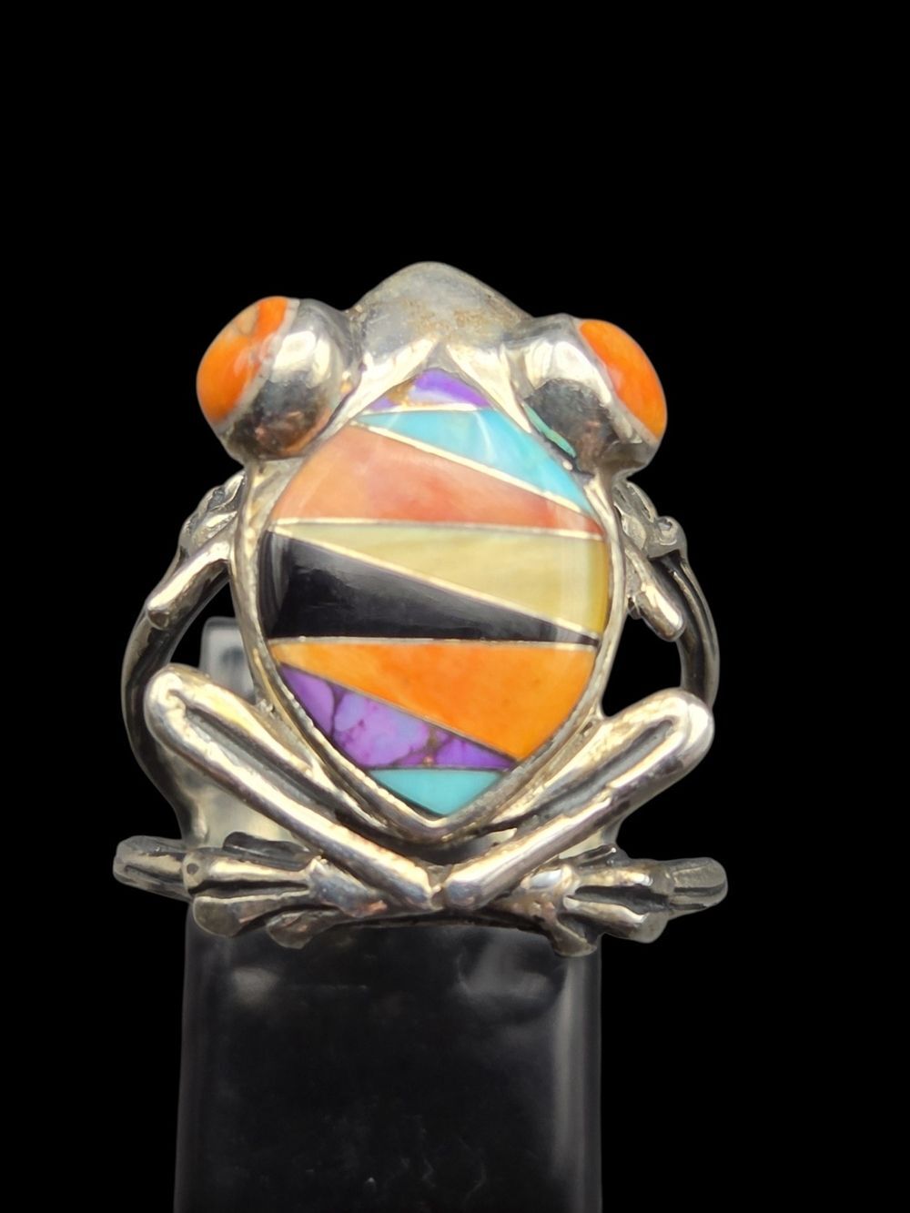 Zuni-Style Sterling Silver Frog Ring, Multicolor Inlay, Size 8